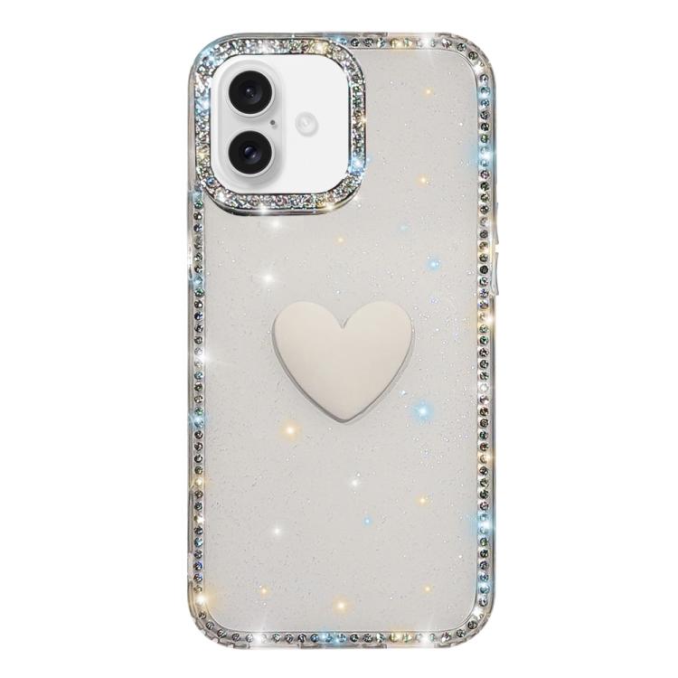 For iPhone 16 Flash Rhinestone Double-sided IMD Love Heart Phone Case(Glitter White)