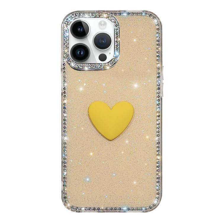 

For iPhone 15 Pro Flash Rhinestone Double-sided IMD Love Heart Phone Case(Glitter Yellow)