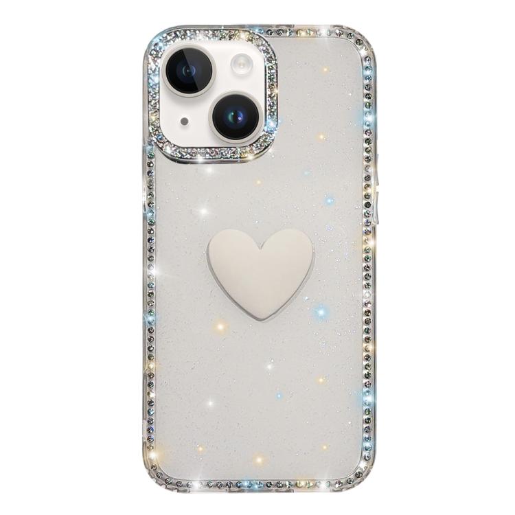 

For iPhone 15 Flash Rhinestone Double-sided IMD Love Heart Phone Case(Glitter White)