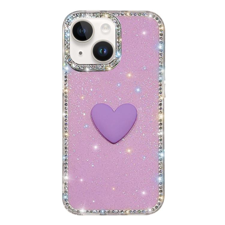 

For iPhone 14 Flash Rhinestone Double-sided IMD Love Heart Phone Case(Glitter Purple)