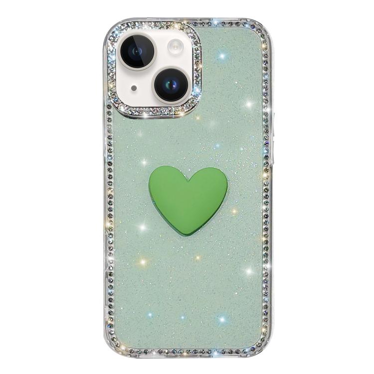 

For iPhone 14 Flash Rhinestone Double-sided IMD Love Heart Phone Case(Glitter Green)