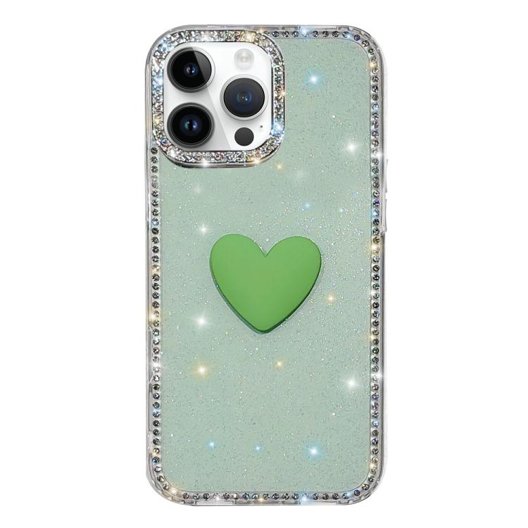

For iPhone 14 Pro Flash Rhinestone Double-sided IMD Love Heart Phone Case(Glitter Green)