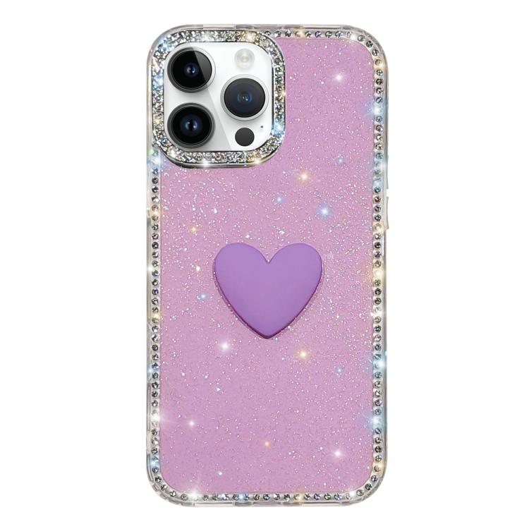 For iPhone 14 Pro Max Flash Rhinestone Double-sided IMD Love Heart Phone Case(Glitter Purple)