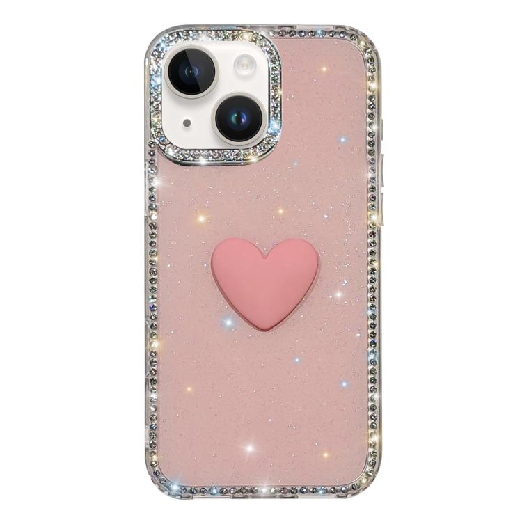 For iPhone 13 Flash Rhinestone Double-sided IMD Love Heart Phone Case(Glitter Pink)