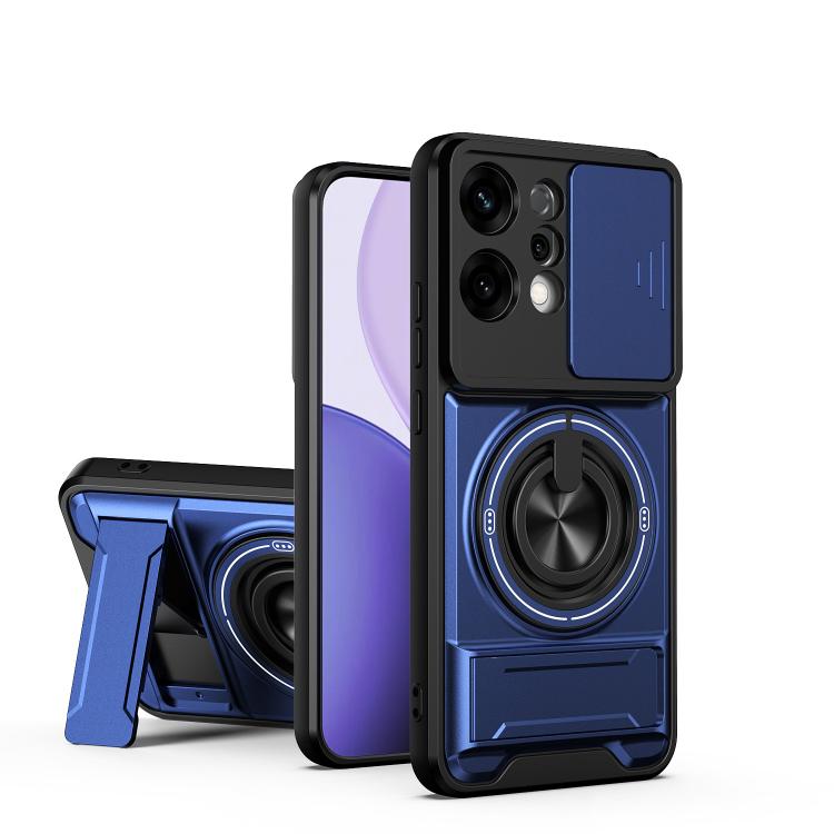 

For OPPO Reno14 5G Global Lens Sliding Window Multifunctional Magnetic Shockproof Phone Case(Royal Blue)