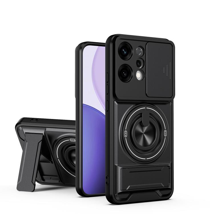 

For OPPO Reno14 5G Global Lens Sliding Window Multifunctional Magnetic Shockproof Phone Case(Black)