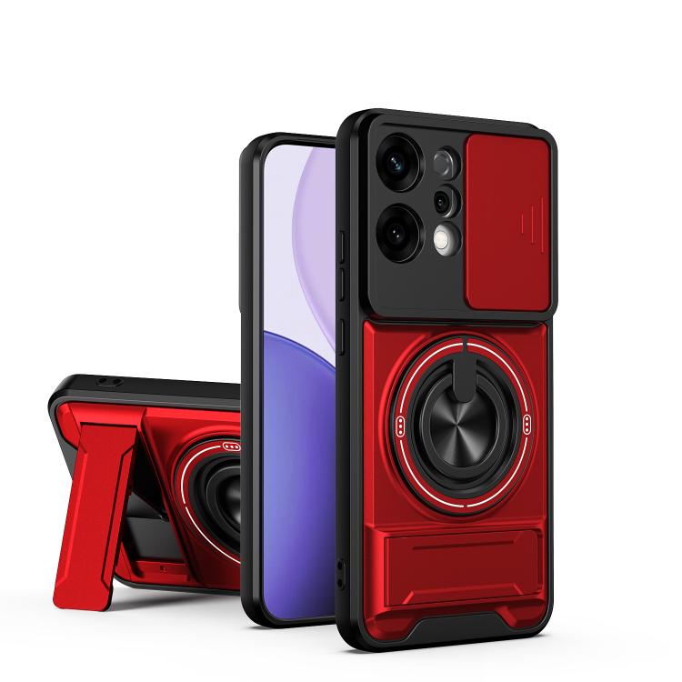 

For OPPO Reno14 5G Global Lens Sliding Window Multifunctional Magnetic Shockproof Phone Case(Red)