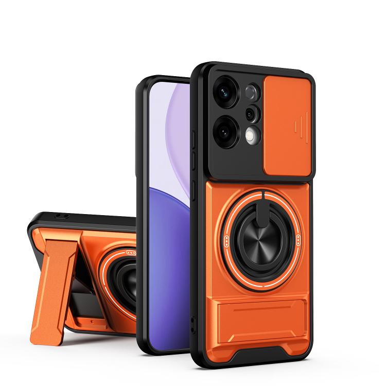 

For OPPO Reno14 5G Global Lens Sliding Window Multifunctional Magnetic Shockproof Phone Case(Orange)