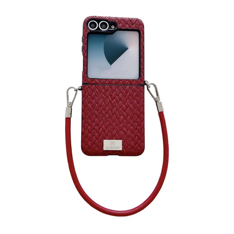 

For Samsung Galaxy Z Flip6 5G / Flip7 FE Nameplate Style Straw Pattern Side Buckle Phone Case with Strap(Red)
