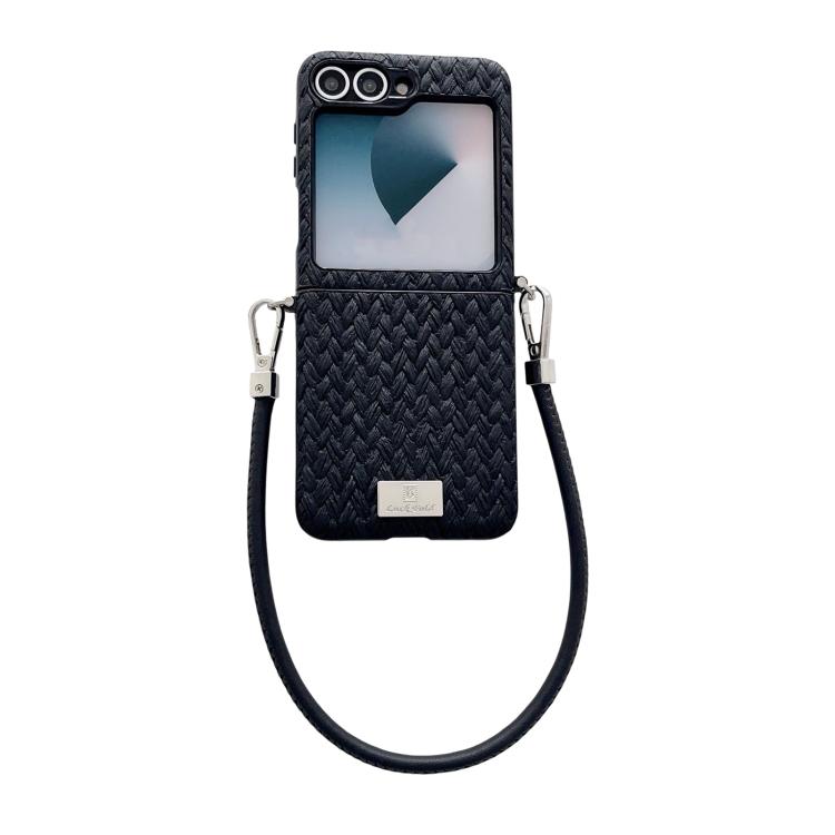 For Samsung Galaxy Z Flip6 5G / Flip7 FE Nameplate Style Straw Pattern Side Buckle Phone Case with Strap(Black)