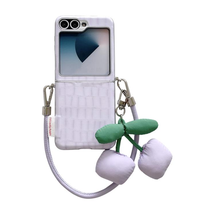 

For Samsung Galaxy Z Flip6 5G / Flip7 FE Crocodile Pattern Side Buckle Phone Case with DIY Cherry Strap(Purple)