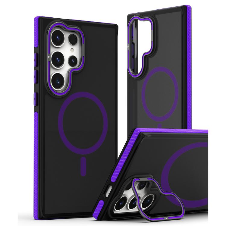 

For Samsung Galaxy S25 Ultra 5G Dual-Color Skin Feel Magnetic Phone Case with Lens Frame Holder(Purple)