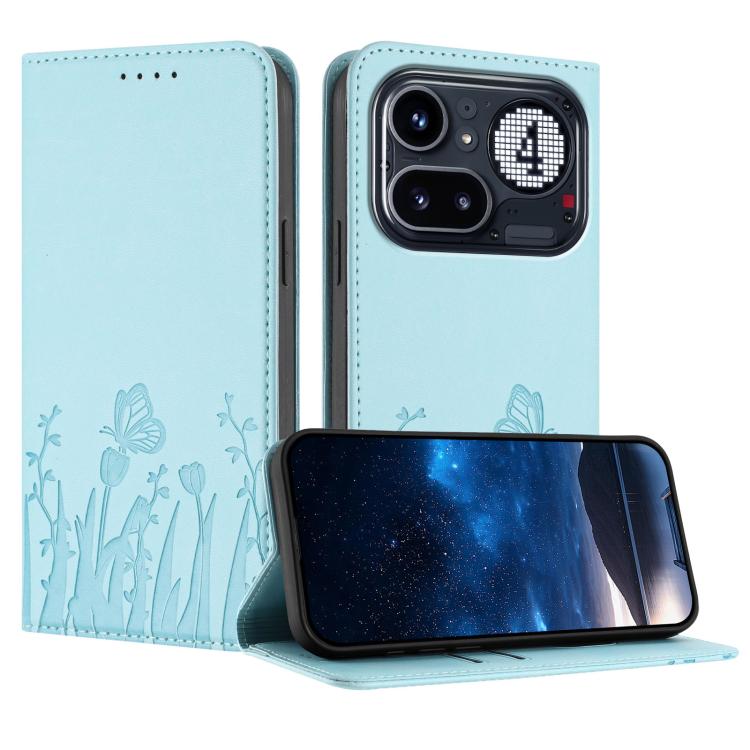 

For Nothing Phone 4a Pro Tulips Butterfly Pattern Magnetic Vegan Leather Phone Case(Light Blue)