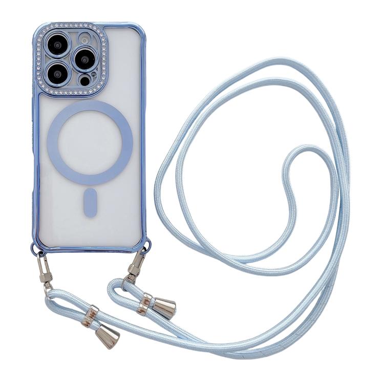 

For iPhone 16 Pro Rhinestone Clear Acrylic Electroplated Magnetic Phone Case with Neck Lanyard(Blue)