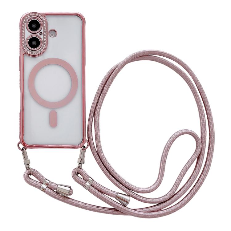 

For iPhone 16 Plus Rhinestone Clear Acrylic Electroplated Magnetic Phone Case with Neck Lanyard(Pink)