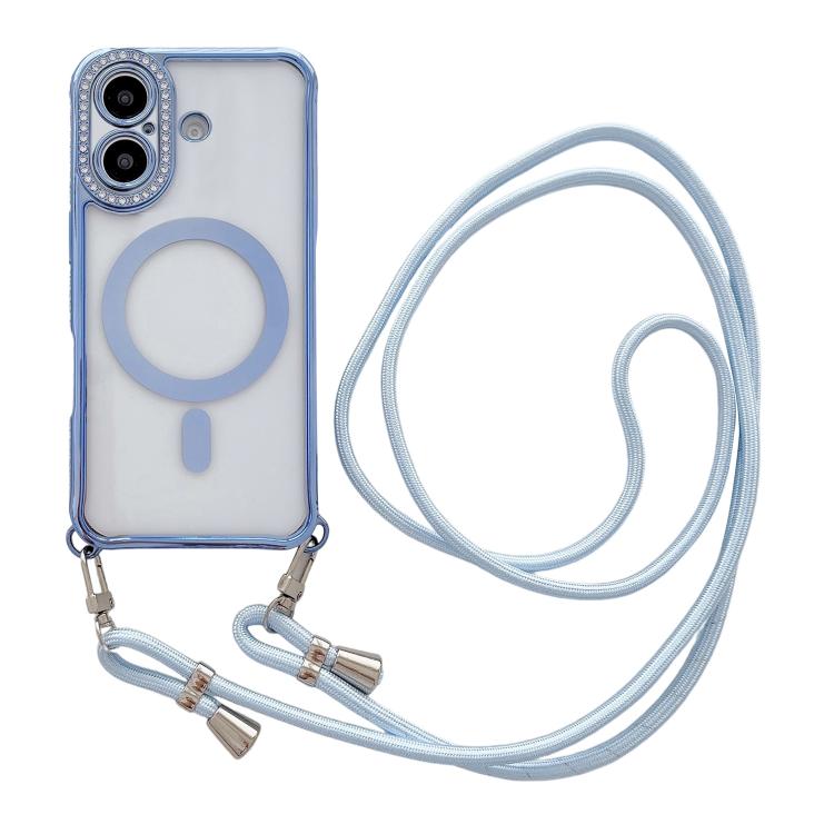 

For iPhone 16 Plus Rhinestone Clear Acrylic Electroplated Magnetic Phone Case with Neck Lanyard(Blue)