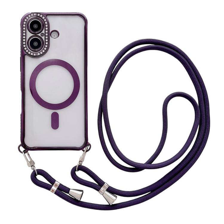 

For iPhone 16 Plus Rhinestone Clear Acrylic Electroplated Magnetic Phone Case with Neck Lanyard(Purple)