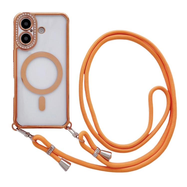 

For iPhone 16 Rhinestone Clear Acrylic Electroplated Magnetic Phone Case with Neck Lanyard(Orange)
