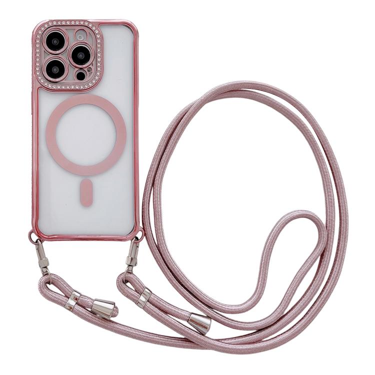 

For iPhone 15 Pro Max Rhinestone Clear Acrylic Electroplated Magnetic Phone Case with Neck Lanyard(Pink)