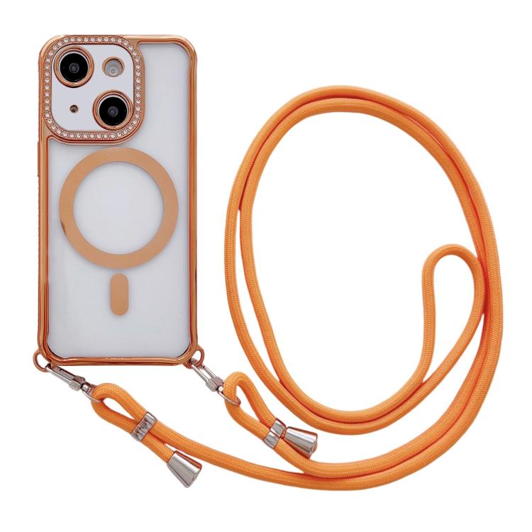 

For iPhone 15 Plus / 14 Plus Rhinestone Clear Acrylic Electroplated Magnetic Phone Case with Neck Lanyard(Orange)