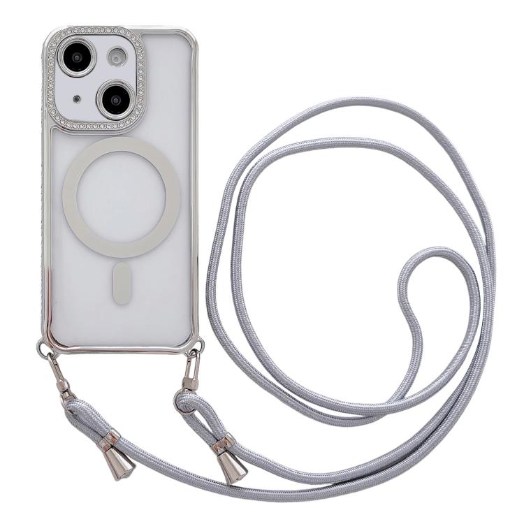 

For iPhone 15 Rhinestone Clear Acrylic Electroplated Magnetic Phone Case with Neck Lanyard(Silver)