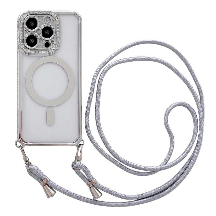 

For iPhone 14 Pro Max Rhinestone Clear Acrylic Electroplated Magnetic Phone Case with Neck Lanyard(Silver)
