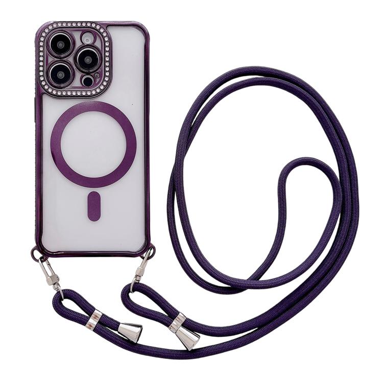 

For iPhone 14 Pro Max Rhinestone Clear Acrylic Electroplated Magnetic Phone Case with Neck Lanyard(Purple)