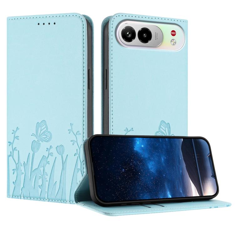 For ZTE nubia Air Pro 5G Tulips Butterfly Pattern Magnetic Vegan Leather Phone Case(Light Blue)