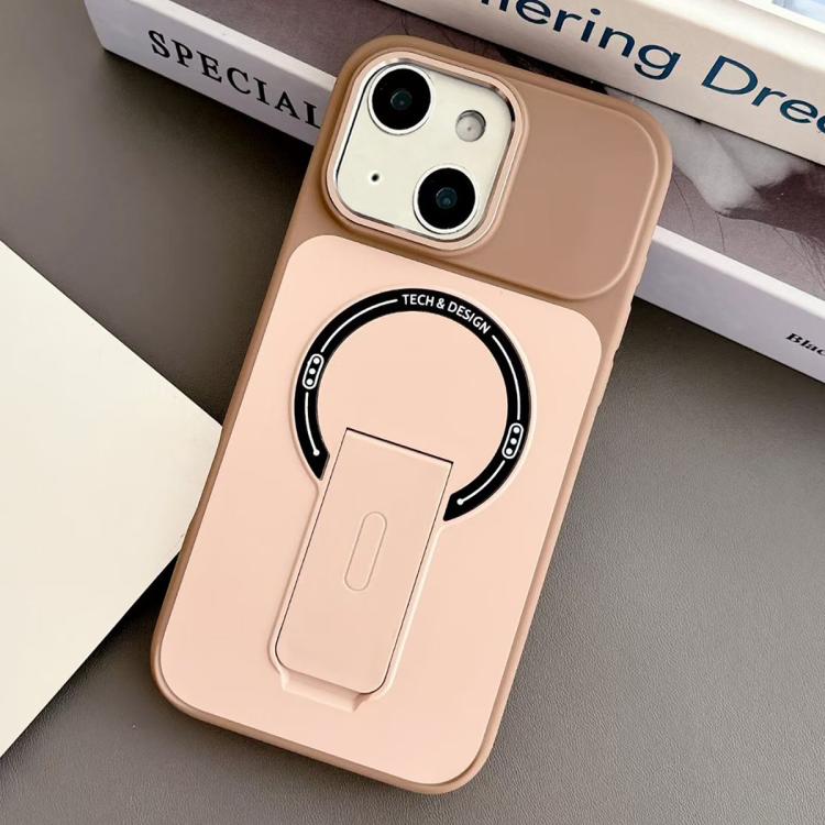 For iPhone 13 Skin-Feel TPU Hybrid PC Magnetic Phone Case with Kickstand(Brown)