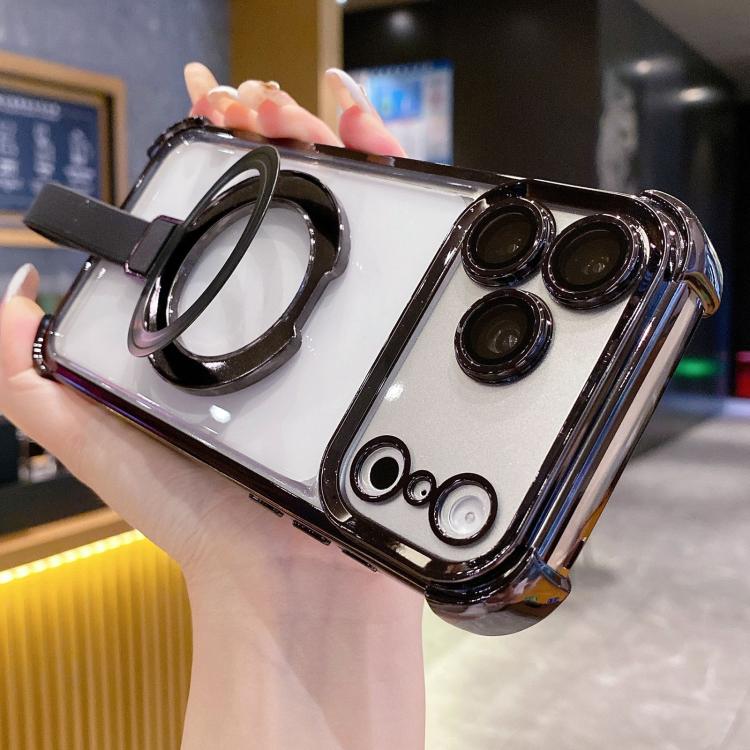 

For iPhone 17 Pro Crystal Shield Ring Holde TPU + Acrylic Magnetic Phone Case(Black)