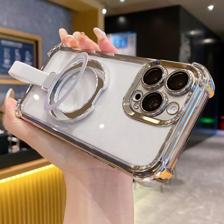 

For iPhone 16 Pro Crystal Shield Ring Holde TPU + Acrylic Magnetic Phone Case(Silver)