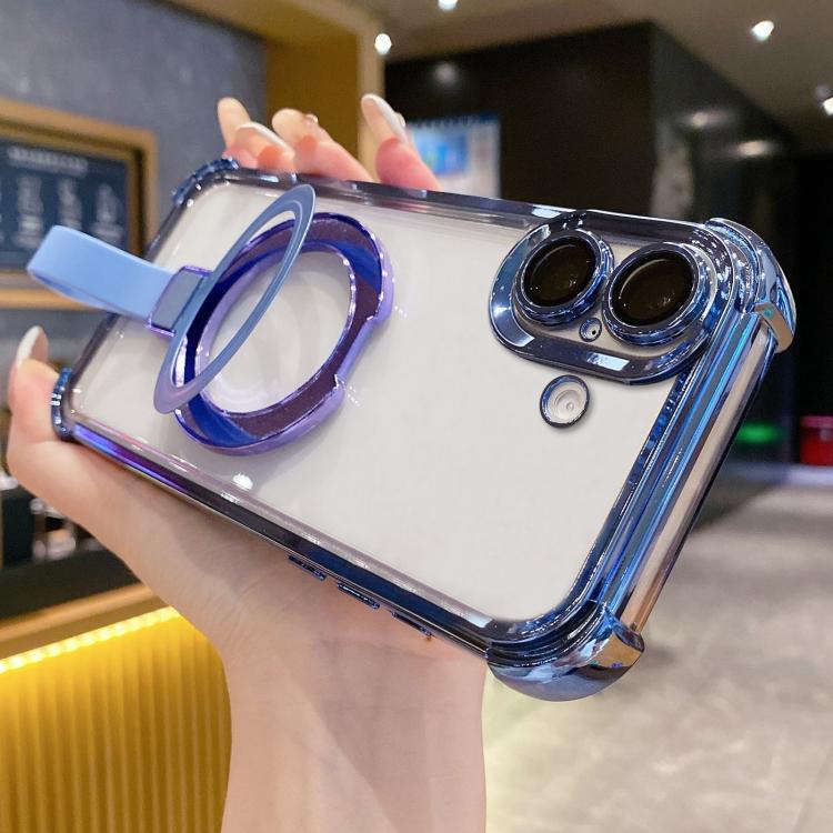 

For iPhone 16 Plus Crystal Shield Ring Holde TPU + Acrylic Magnetic Phone Case(Blue)