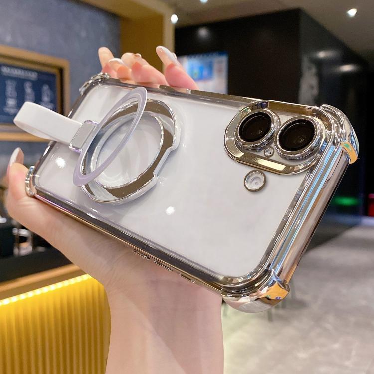 

For iPhone 16 Crystal Shield Ring Holde TPU + Acrylic Magnetic Phone Case(Silver)