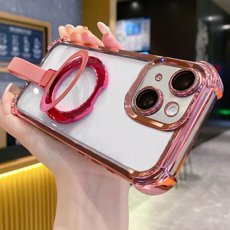 

For iPhone 15 Plus Crystal Shield Ring Holde TPU + Acrylic Magnetic Phone Case(Pink)