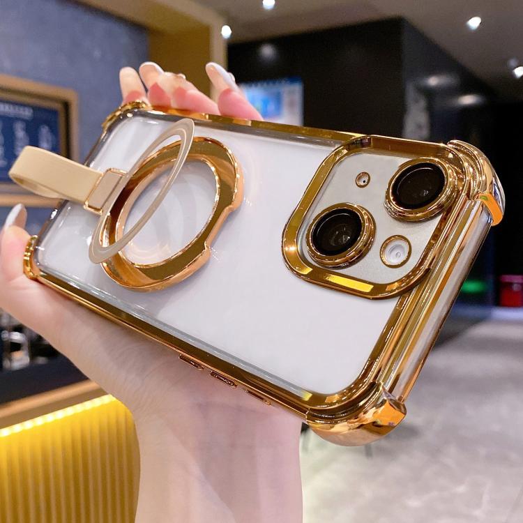 

For iPhone 15 Plus Crystal Shield Ring Holde TPU + Acrylic Magnetic Phone Case(Yellow)