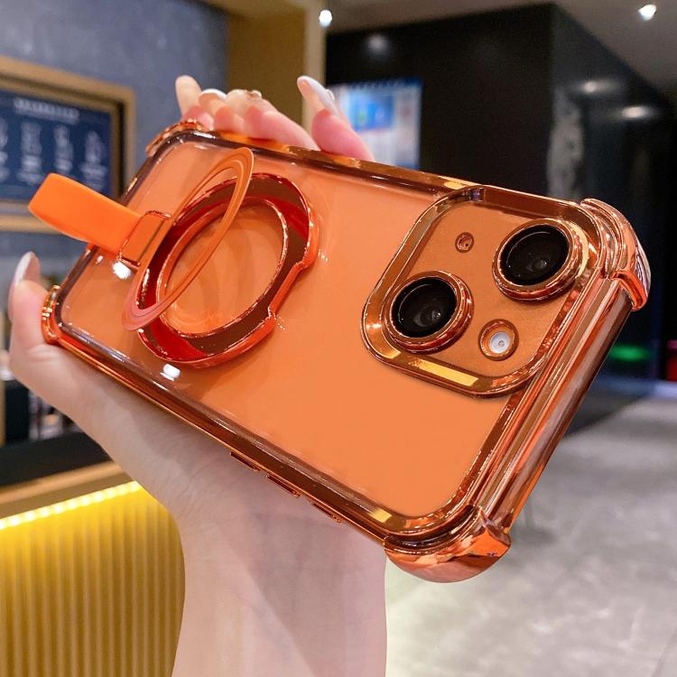 For iPhone 15 Plus Crystal Shield Ring Holde TPU + Acrylic Magnetic Phone Case(Orange)