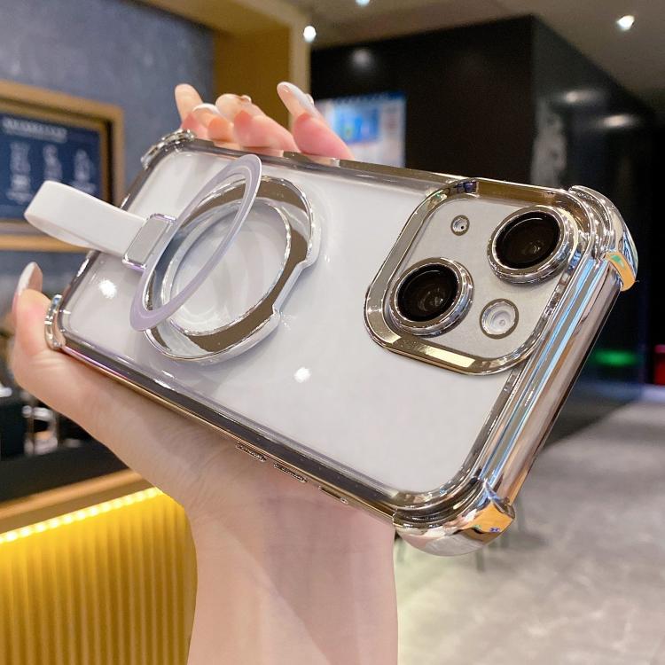 

For iPhone 14 Plus Crystal Shield Ring Holde TPU + Acrylic Magnetic Phone Case(Silver)