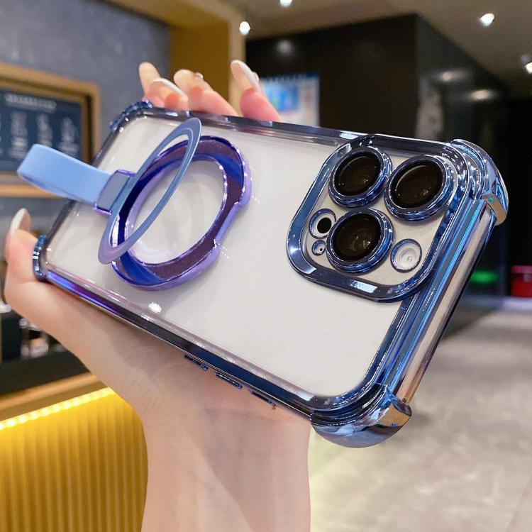 

For iPhone 13 Pro Max Crystal Shield Ring Holde TPU + Acrylic Magnetic Phone Case(Blue)
