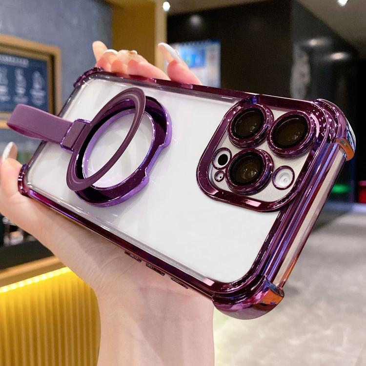 

For iPhone 13 Pro Max Crystal Shield Ring Holde TPU + Acrylic Magnetic Phone Case(Purple)
