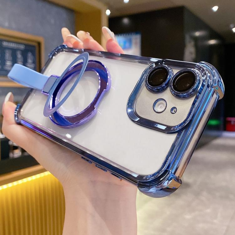 

For iPhone 12 Crystal Shield Ring Holde TPU + Acrylic Magnetic Phone Case(Blue)