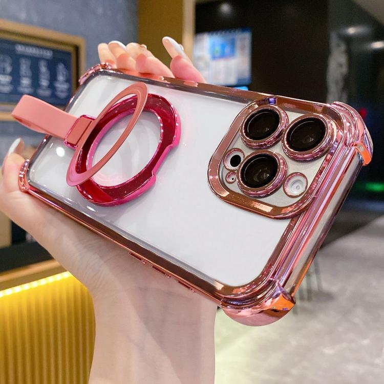 

For iPhone 12 Pro Max Crystal Shield Ring Holde TPU + Acrylic Magnetic Phone Case(Pink)