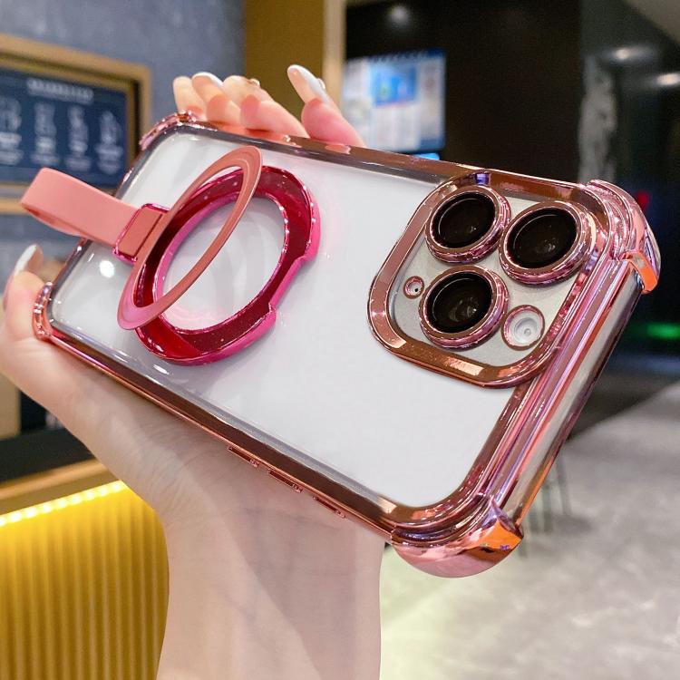 

For iPhone 11 Pro Max Crystal Shield Ring Holde TPU + Acrylic Magnetic Phone Case(Pink)