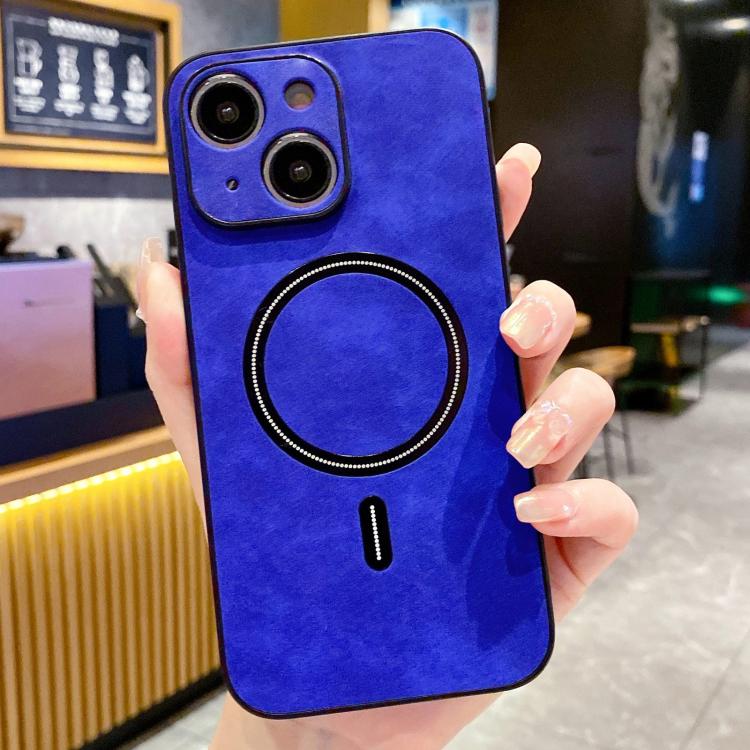 

For iPhone 13 Lambskin Faux Leather Magnetic Phone Case(Blue)