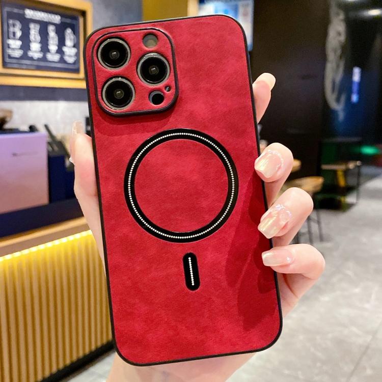 

For iPhone 13 Pro Max Lambskin Faux Leather Magnetic Phone Case(Red)