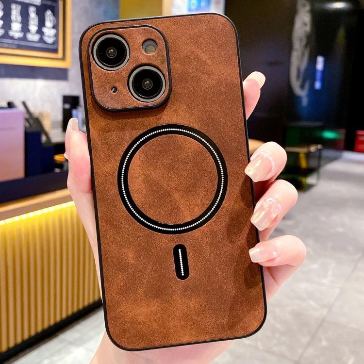 

For iPhone 14 Lambskin Faux Leather Magnetic Phone Case(Dark Brown)