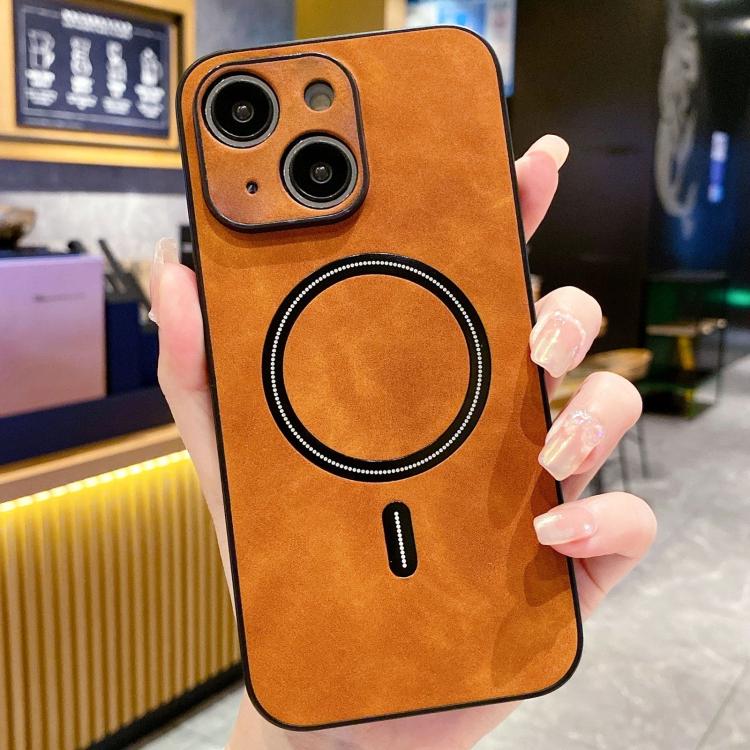 

For iPhone 14 Lambskin Faux Leather Magnetic Phone Case(Light Brown)