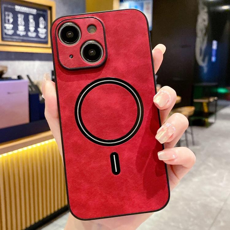 

For iPhone 14 Plus Lambskin Faux Leather Magnetic Phone Case(Red)