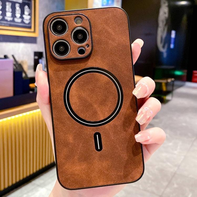 

For iPhone 14 Pro Lambskin Faux Leather Magnetic Phone Case(Dark Brown)