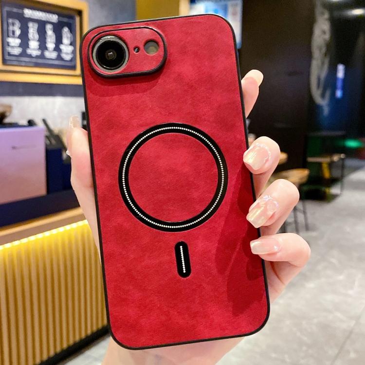 

For iPhone 16e Lambskin Faux Leather Magnetic Phone Case(Red)