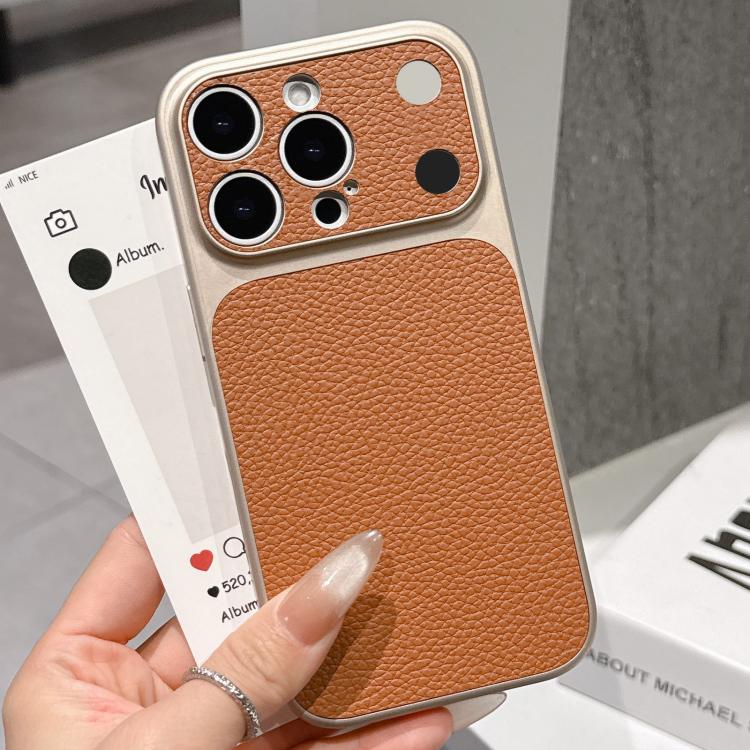 

For iPhone 16 Pro Max Transforms Into 17 Series Large Window Frosted Lychee Texture Phone Case(Khaki)